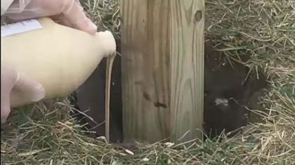 Pouring postloc expanding foam into fence post hole